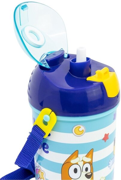 Plastová fľaša na pitie so slamkou, viečkom a popruhom Bluey - BPA Free - 450 ml