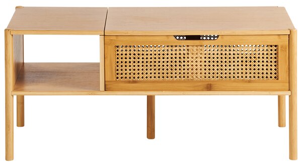 Konferenčný stolík prírodný bambusové drevo ratan 99 x 48 cm s úložným priestorom zdvíhacia vrchná doska boho štýl obývacia izba