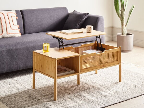 Konferenčný stolík prírodný bambusové drevo ratan 99 x 48 cm s úložným priestorom zdvíhacia vrchná doska boho štýl obývacia izba