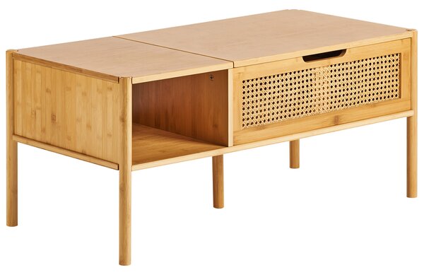 Konferenčný stolík prírodný bambusové drevo ratan 99 x 48 cm s úložným priestorom zdvíhacia vrchná doska boho štýl obývacia izba