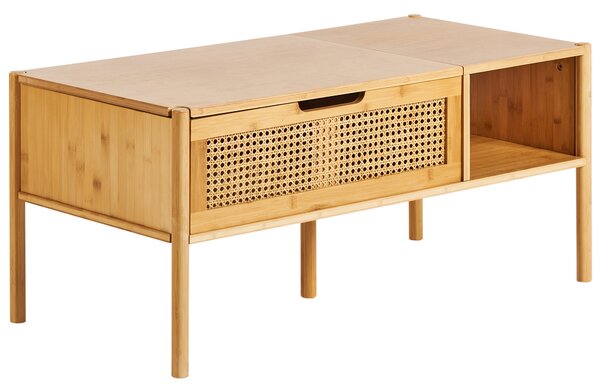 Konferenčný stolík prírodný bambusové drevo ratan 99 x 48 cm s úložným priestorom zdvíhacia vrchná doska boho štýl obývacia izba