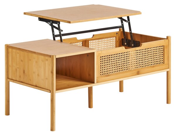 Konferenčný stolík prírodný bambusové drevo ratan 99 x 48 cm s úložným priestorom zdvíhacia vrchná doska boho štýl obývacia izba