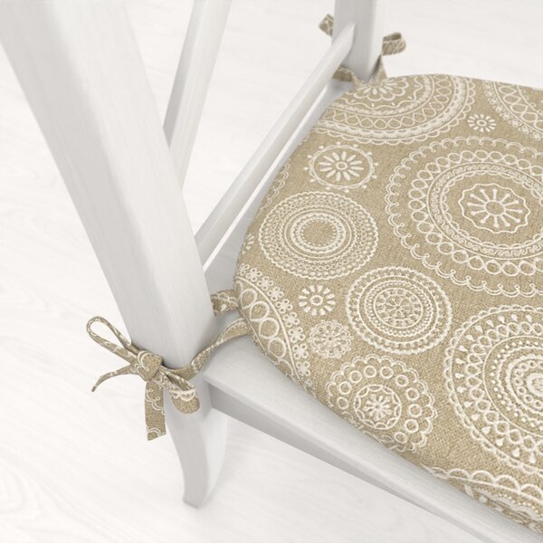 Biante Oblý podsedák Leona LN-170 Biele mandaly na režnom - 39x37x3 cm