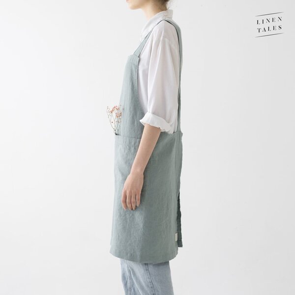 Zelená ľanová zástera Linen Tales Crossback, dĺžka 80 cm