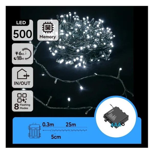 Aigostar - LED vonkajšia vianočná reťaz 500xLED/8 funkcií 4xAA 25,3 m studená biela
