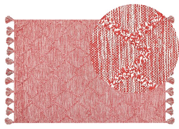 Koberec červená biela bavlna 140 x 200 cm geometrický vzor obdĺžnikový tvar ručne všívaný so strapcami obývačka spálňa