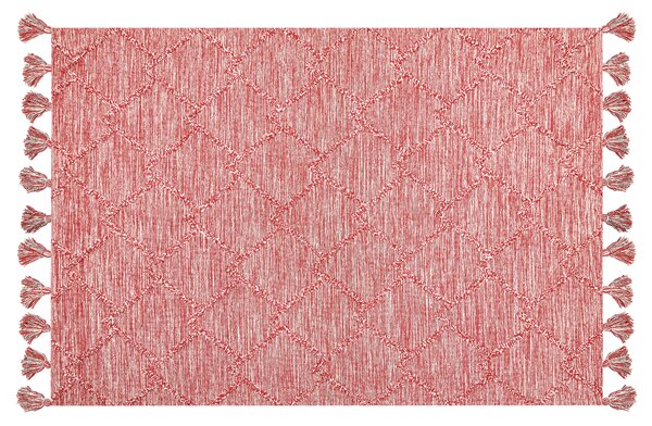 Koberec červená biela bavlna 140 x 200 cm geometrický vzor obdĺžnikový tvar ručne všívaný so strapcami obývačka spálňa