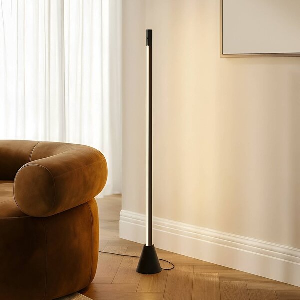 Lucande Stojacia lampa LED Linija, čierna, výška 110 cm, senzor, Čierna, Obývacia izba / jedáleň, Hliník, Moderný