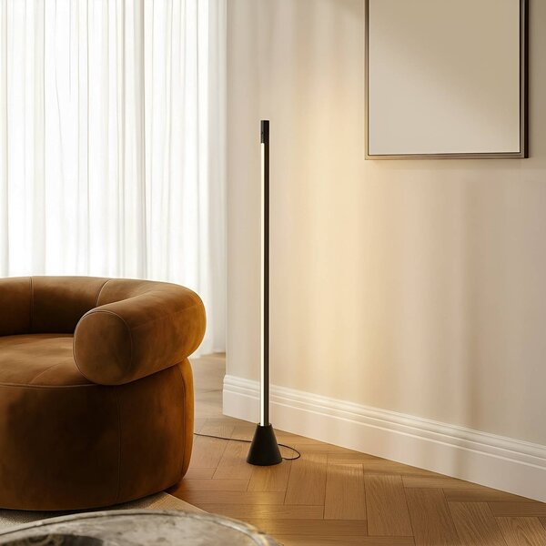 Lucande Stojacia lampa LED Linija, čierna, výška 110 cm, senzor, Čierna, Obývacia izba / jedáleň, Hliník, Moderný