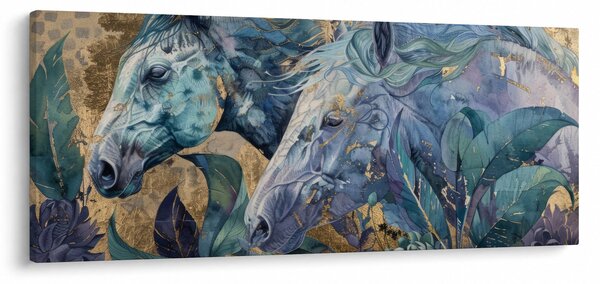 Obraz - Kone so zlatým pozadím (120x50 cm)