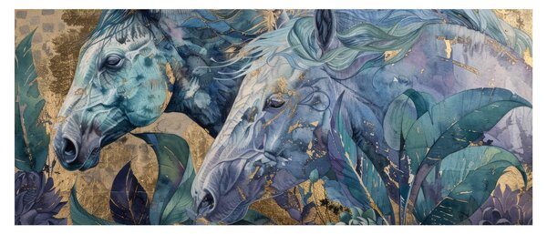 Obraz - Kone so zlatým pozadím (120x50 cm)