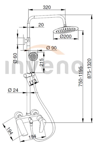Invena Dokos, páková vaňová / sprchová batéria s hlavovou dažďovou sprchou 20cm, čierna matná, INV-AU-19-B04-V
