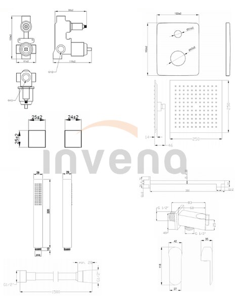 Invena Siros, podomietková sprchová sada s 2-výstupovým telesom, čierna matná, INV-BS-90-010-A
