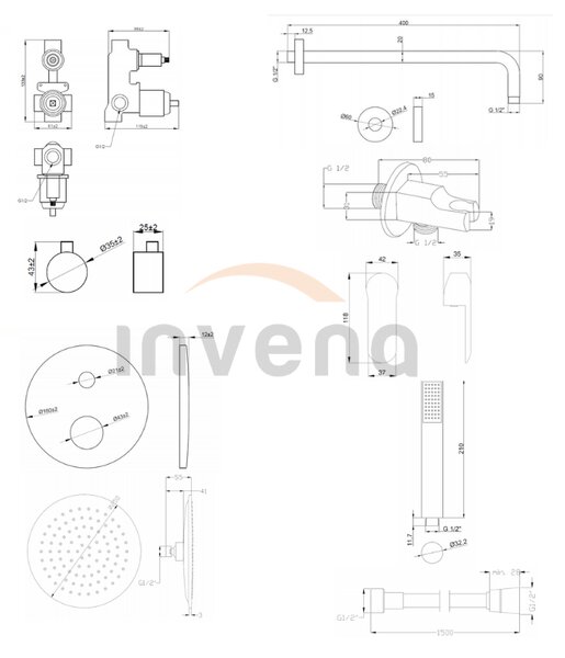 Invena Siros, podomietková sprchová sada s 2-výstupovým telesom, čierna matná, INV-BS-90-012-A