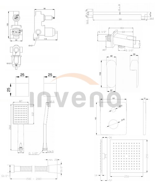 Invena Siros, podomietková sprchová sada s dažďovou hlavovou sprchovou 25x25 cm a ručnou hlavicou, chrómová, INV-BS-90-0K2-A