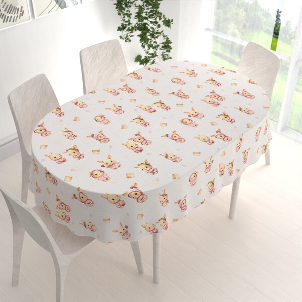 Biante Detský bavlnený oválny obrus Sandra SA-538 Ružové zajačiky a vtáčiky na bielom 50x100 cm