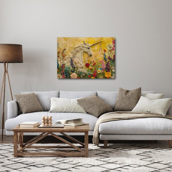Obraz - Jednorožec s kvetinami (70x50 cm)