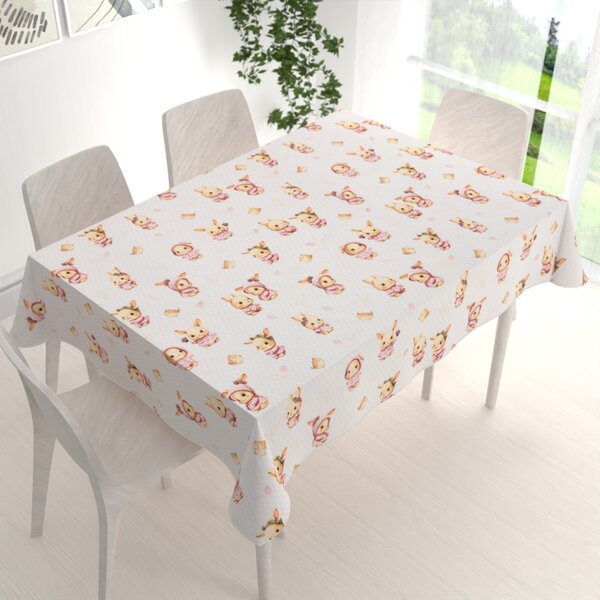 Biante Detský bavlnený obdĺžnikový obrus Sandra SA-538 Ružové zajačiky a vtáčiky na bielom 50x100 cm