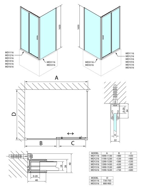 Polysan Polysan, DEEP obdĺžniková sprchová zástena 1100x750mm L/P varianta,číre sklo, MD1116MD3116