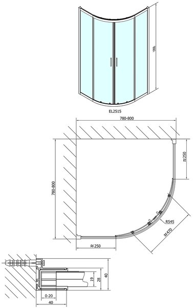 Polysan Polysan, EASY LINE štvrťkruhová sprchová zástena 800x800mm, L/R, číre sklo, EL2515