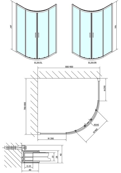 Polysan Polysan, EASY LINE štvrťkruhová sprchová zástena 900x800mm, L/R, čire sklo, EL2815