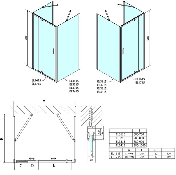 Polysan EASY, 3-stenový sprchový kút 800-900x700mm, pivot dvere L/P varianta, číre sklo, EL1615EL3115EL3115