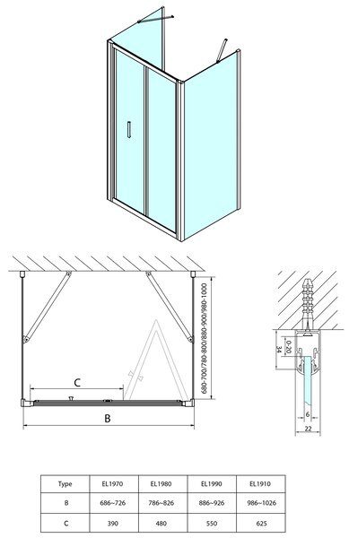 Polysan Polysan, EASY sprchový kout tri steny 900x700mm, skladacie dvere, L/P varianta, číre sklo, EL1990EL3115EL3115