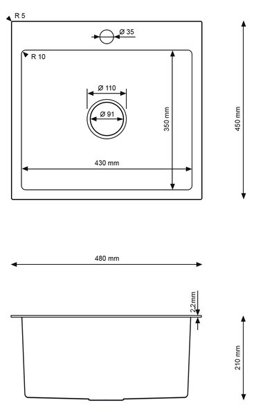 Erga HD, 1-komorový oceľový drez 480x450x210 mm, oceľová, ERG-MLS-HD4845
