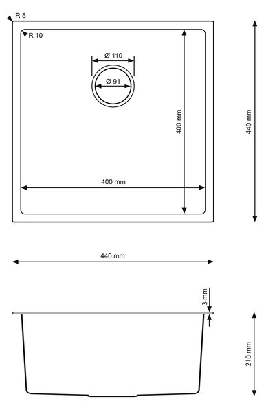 Erga HD, 1-komorový oceľový drez 440x440x210 mm, oceľová, ERG-MLS-HD4444