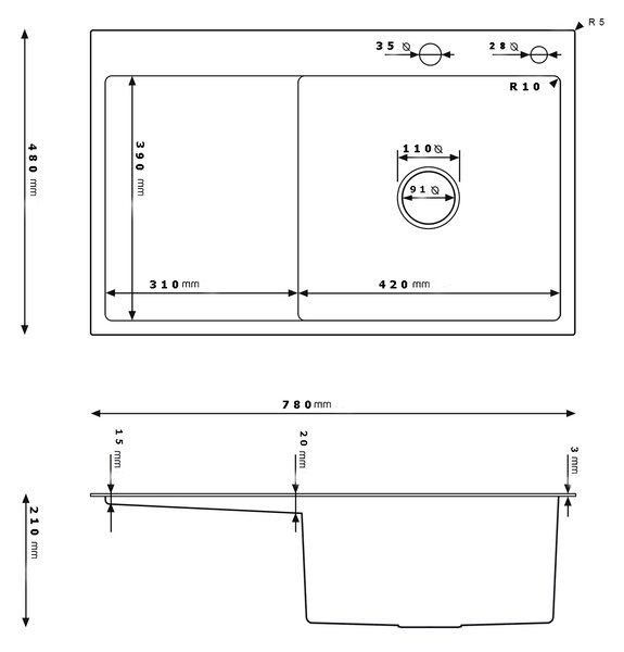 Erga HD, 1-komorový oceľový drez 780x490x210 mm, pravý, grafitová, ERG-MLS-HD7849RB