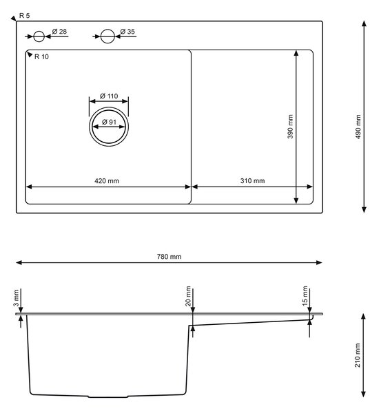 Erga HD, 1-komorový oceľový drez 780x490x210 mm, pravý, zlatá, ERG-MLS-HD7849RG