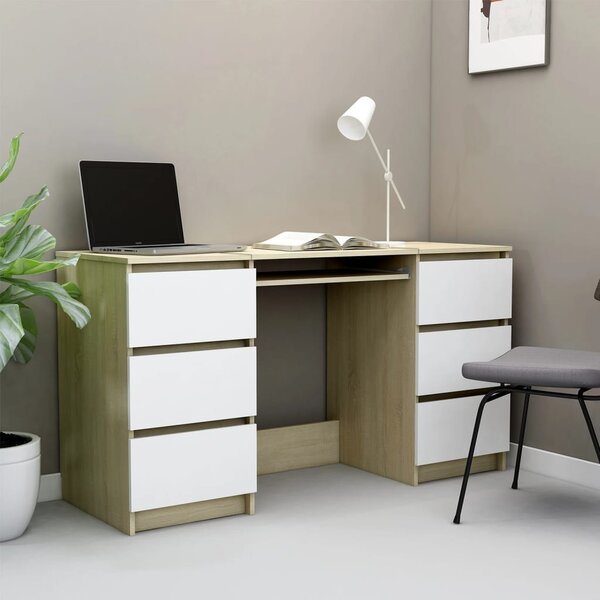 Písací stôl, biely a dub sonoma 140x50x77 cm, drevotrieska