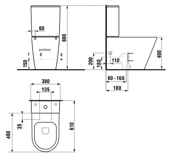 Sapho Sapho, PACO RIMLESS WC kombi, spodný/zadný odpad, čierna, PC1012WRB