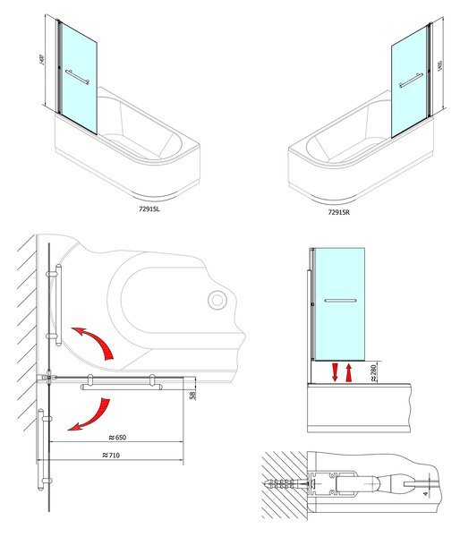 Polysan Polysan, RIONI pneumatická vaňová zástena 710 mm, strieborny rám, číre sklo, 72915