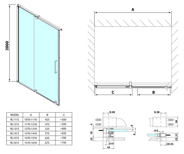 Polysan Sapho, ROLLS LINE sprchové dvere 1100mm, výška 2000mm, číre sklo