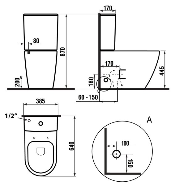 Sapho Sapho, TURKU RIMLESS WC kombi misa zvýšená, sp./zad.odpad, PC104WR