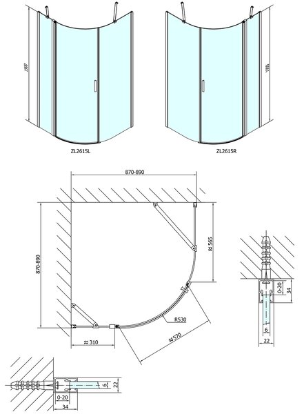 Polysan Polysan, ZOOM LINE štvrťkruhová sprchová zástena 900x900mm, číre sklo, pravá, ZL2615R