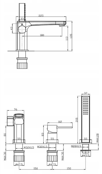Invena Trend, 3-otvorová vaňová batéria, čierna matná, INV-BW-02-S04-V