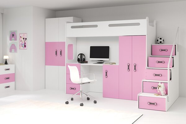 Vyvýšená poschodová posteľ MAX 4 - 200x80cm - Biela - Ružová (1x posteľ + stôl + skriňa)