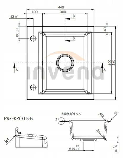 Invena Tesalia, 1-komorový granitový drez 440x480x160 mm a chrómový sifón, INV-AZ-01-041-B