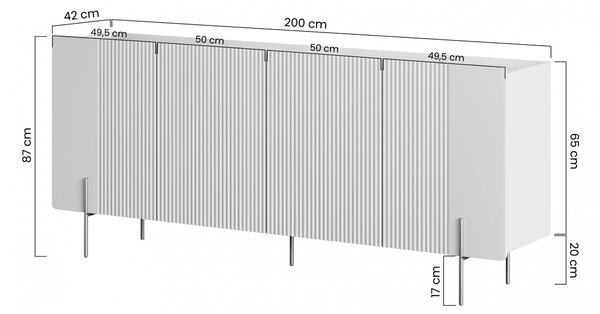 Komoda Malmi 200 cm štvordverová - kašmír / čierne nožičky