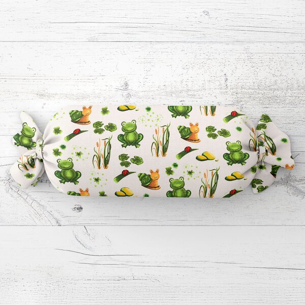 Biante Detský vankúš valec bonbon Sandra SA-609 Žabky a slimáky na bielom 15x40 cm