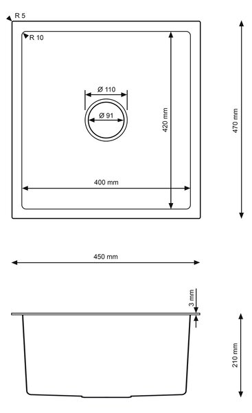 Erga HD, 1-komorový oceľový drez 470x450x210 mm, oceľová, ERG-MLS-HD4745