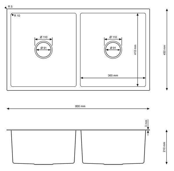 Erga HD, 2-komorový oceľový drez 800x450x210 mm, grafitová, ERG-MLS-HD8045B
