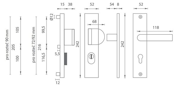 Bezpečnostné kovanie MP AXA - ATLAS2 PLUS (F1 - Prírodný elox), madlo/klika, PZ PLUS s otvorem pro vložku, MP F1 přírodní elox, 72 mm