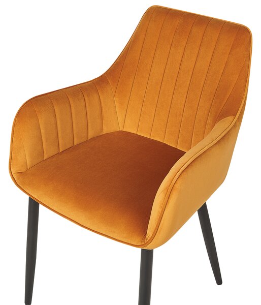 Sada 2 jedálenských stoličiek oranžová zamatová opierky rúk čierne kovové nohy retro glamour