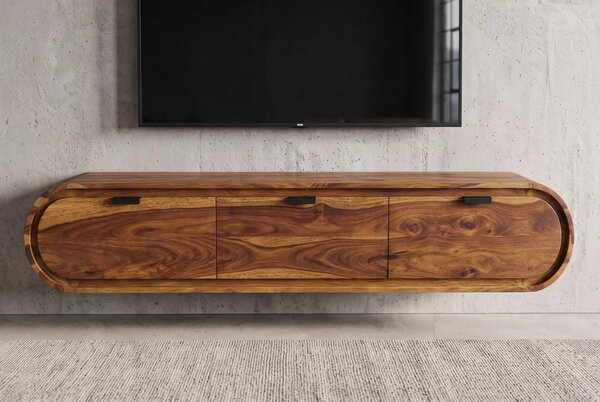 Retro masívny nástenný TV stolík Spin oválneho tvaru s tromi zásuvkami so sheeshamového dreva v odtieňoch hnedej 160 cm