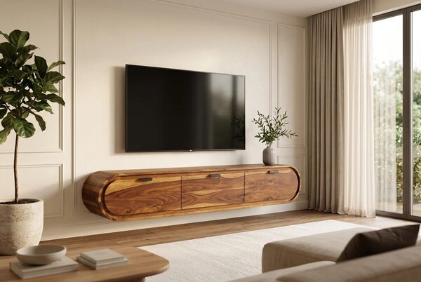 Retro masívny nástenný TV stolík Spin oválneho tvaru s tromi zásuvkami so sheeshamového dreva v odtieňoch hnedej 160 cm
