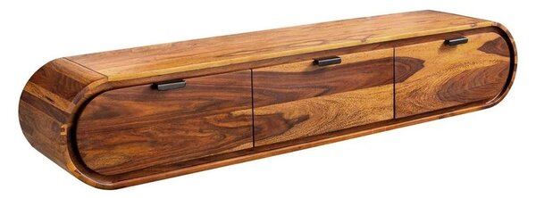Retro masívny nástenný TV stolík Spin oválneho tvaru s tromi zásuvkami so sheeshamového dreva v odtieňoch hnedej 160 cm