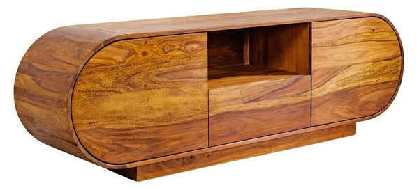 Retro masívny oválny TV stolík Spin s úložným priestorom zo sheeshamového dreva v hnedej farbe s výraznou kresbou 160 cm